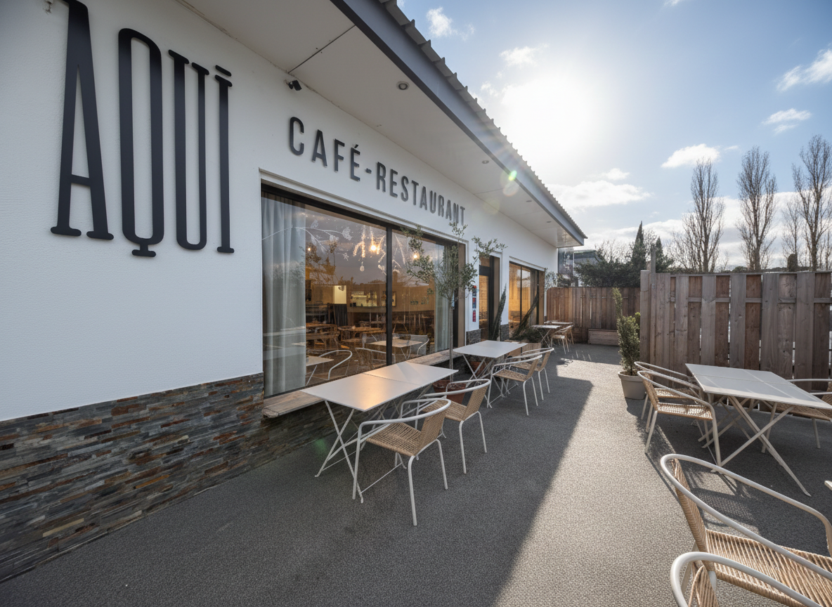 Terrasse ensoleillée du café-restaurant Aquí avec tables et chaises en rotin